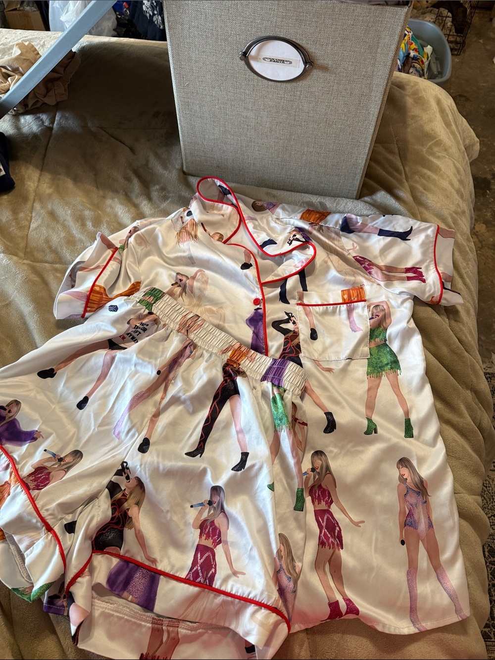 Silky White Graphic Taylor Swift Pajama Set with Red Trim